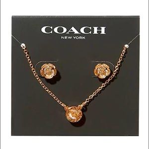 Coach Open Circle Necklace And Tea Rose Stud Earrings Set NWT